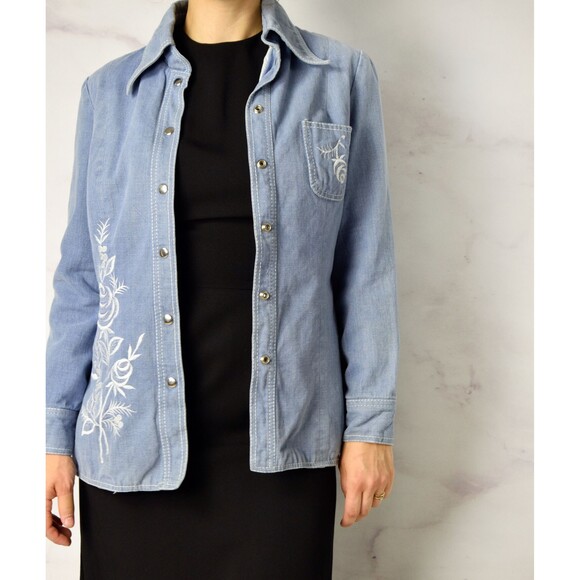 1970s Embroidered Denim Jacket Size Small - Medium 70s Snap Front Jean Jacket - Picture 3 of 6